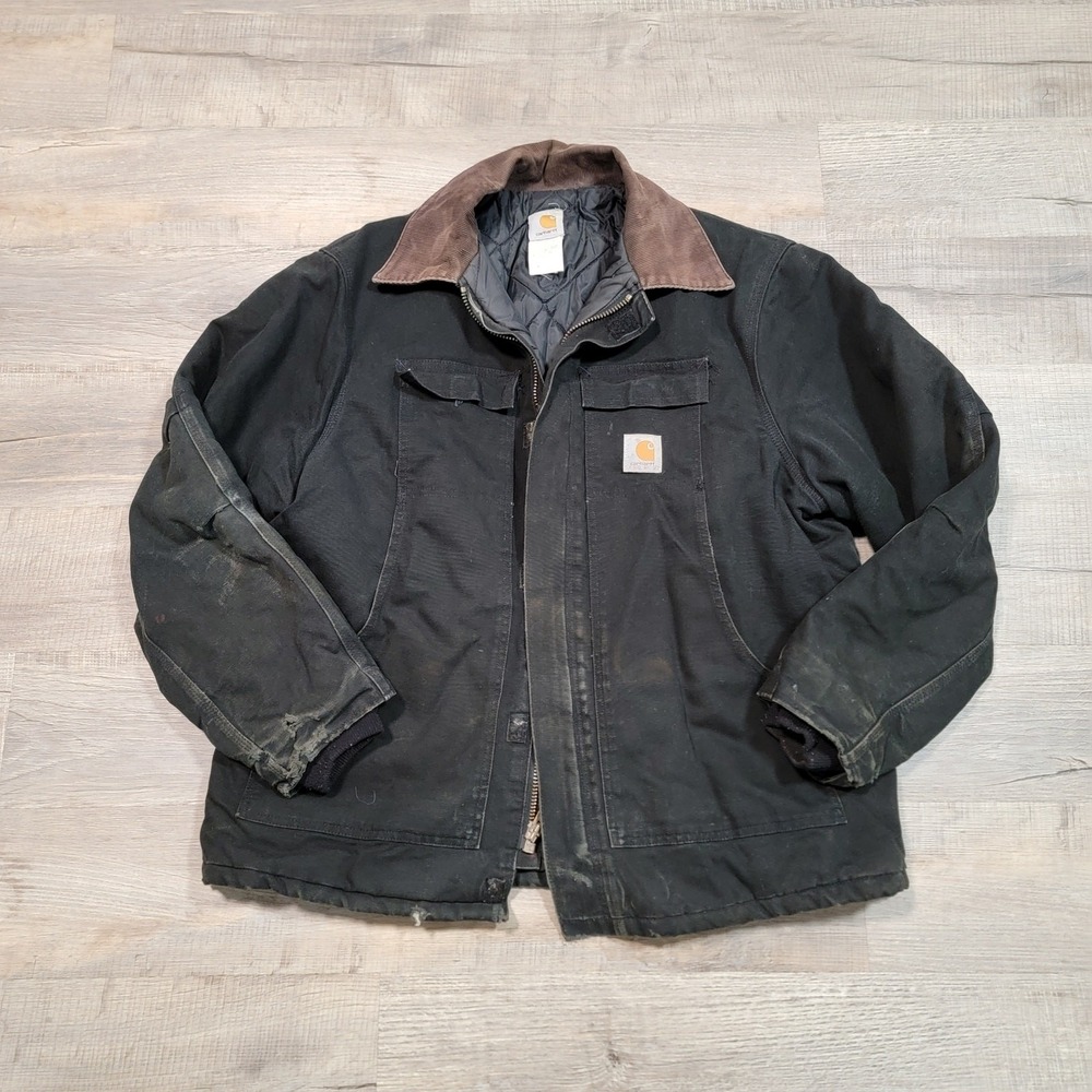 Carhartt Arctic Jacket Quilted Sz 48 Black Corduroy Collar Canvas Distressed Y2K